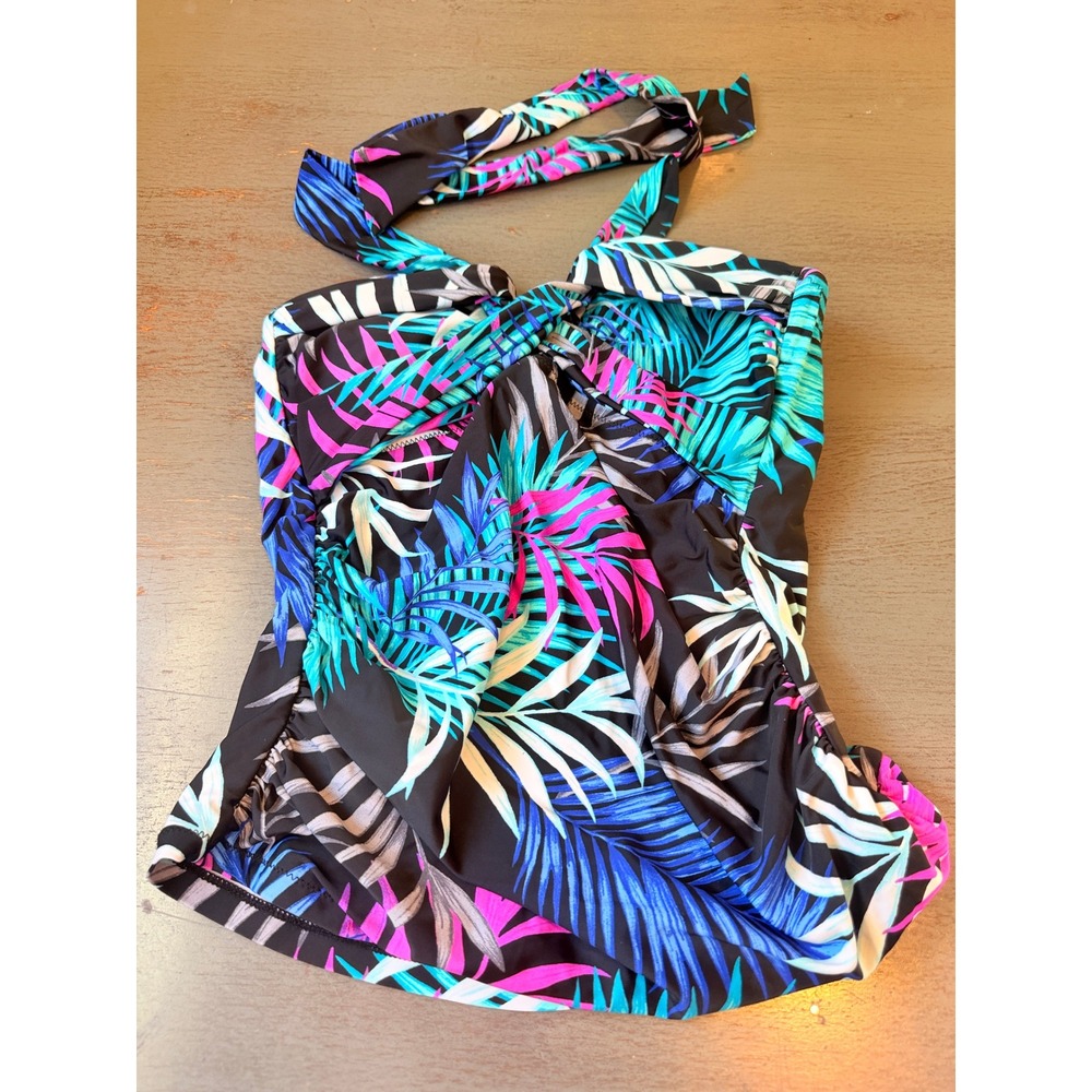Island Waves Tropical Palm Print Halter Tankini Swim Top Black Blue Pink Size 6
